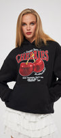 Kapüşonlu İçi Polar Cherries Yazılı Kiraz Baskılı Siyah Oversize Hoodie Sweatshirt