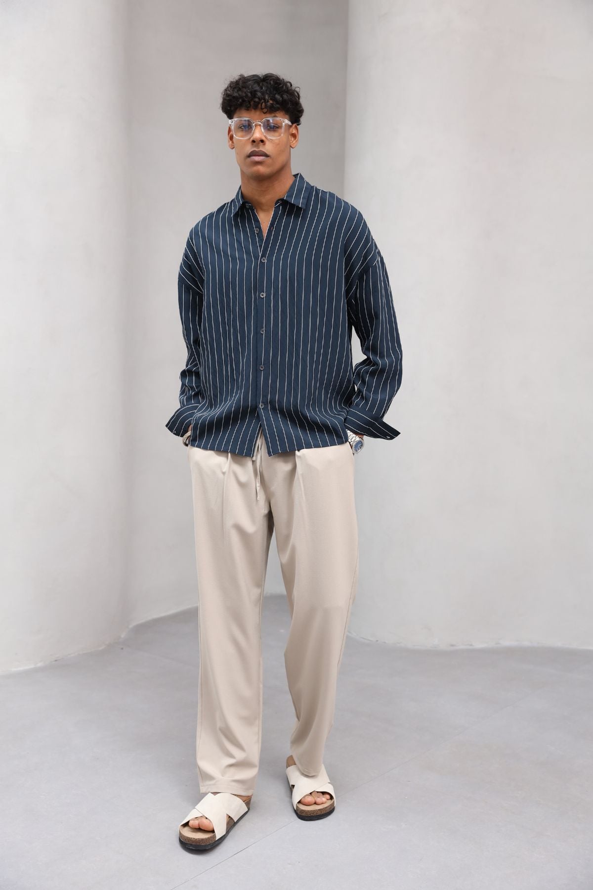 Çizgili Naturel Renk Oversize Erkek Gömlek
