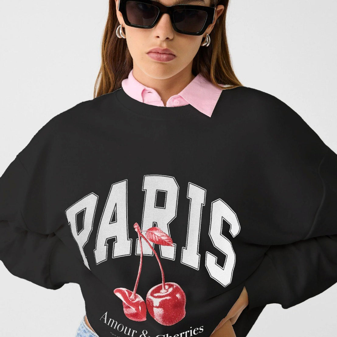 Bisiklet Yaka İçi Polar Paris Yazılı Kiraz Baskılı Siyah Oversize Sweatshirt