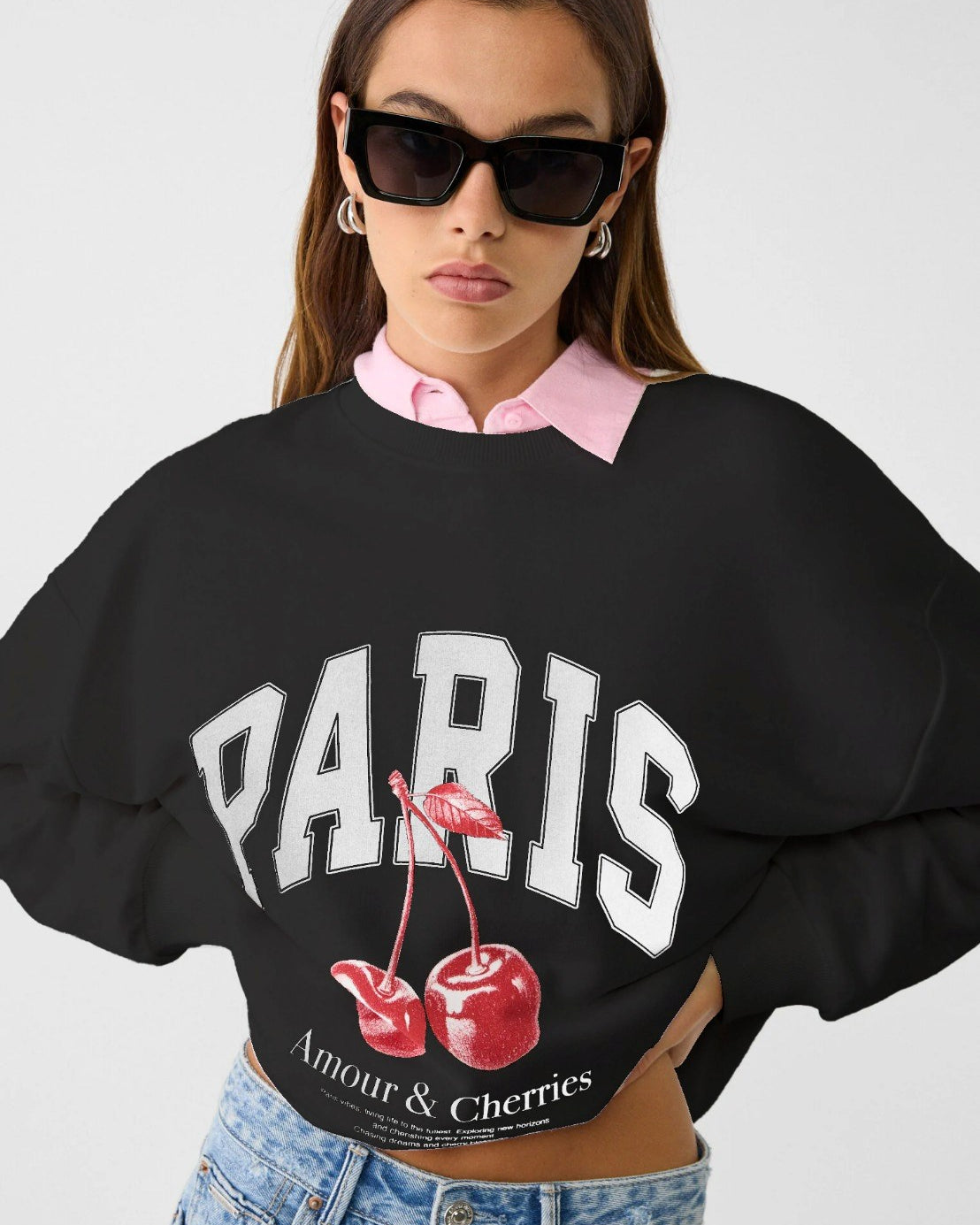 Bisiklet Yaka İçi Polar Paris Yazılı Kiraz Baskılı Siyah Oversize Sweatshirt
