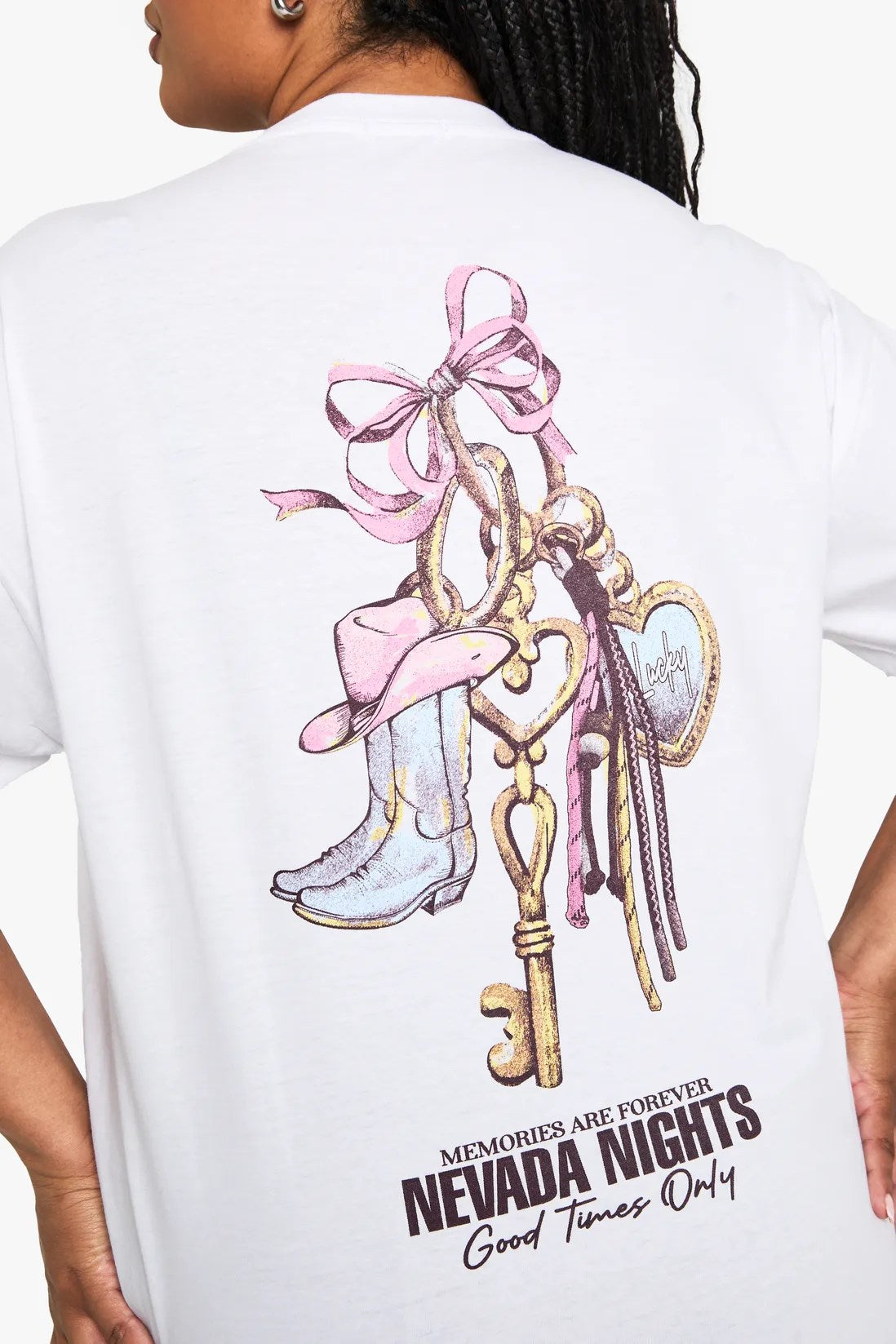 Büyük Beden Kadın Tişört %100 Pamuk Nevada Nights Baskılı Beyaz Oversize Yazlık