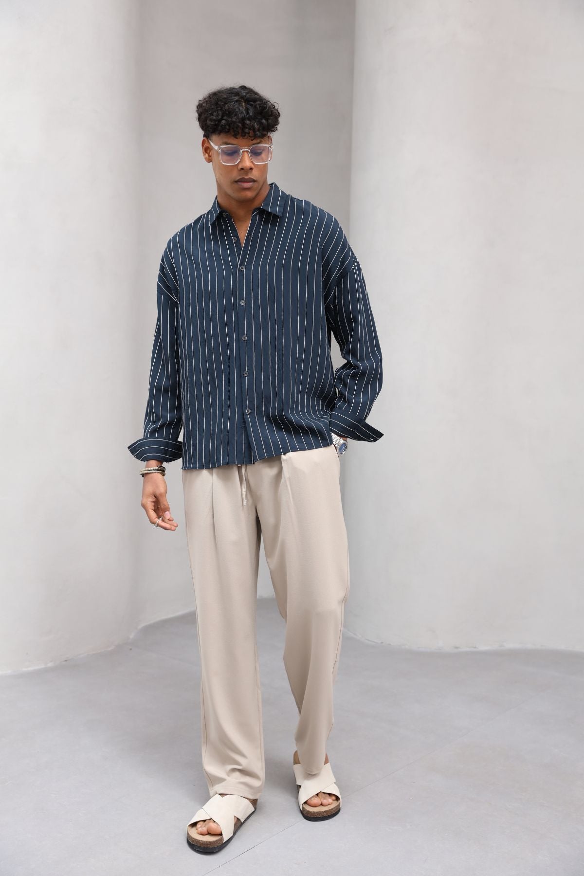 Çizgili Naturel Renk Oversize Erkek Gömlek