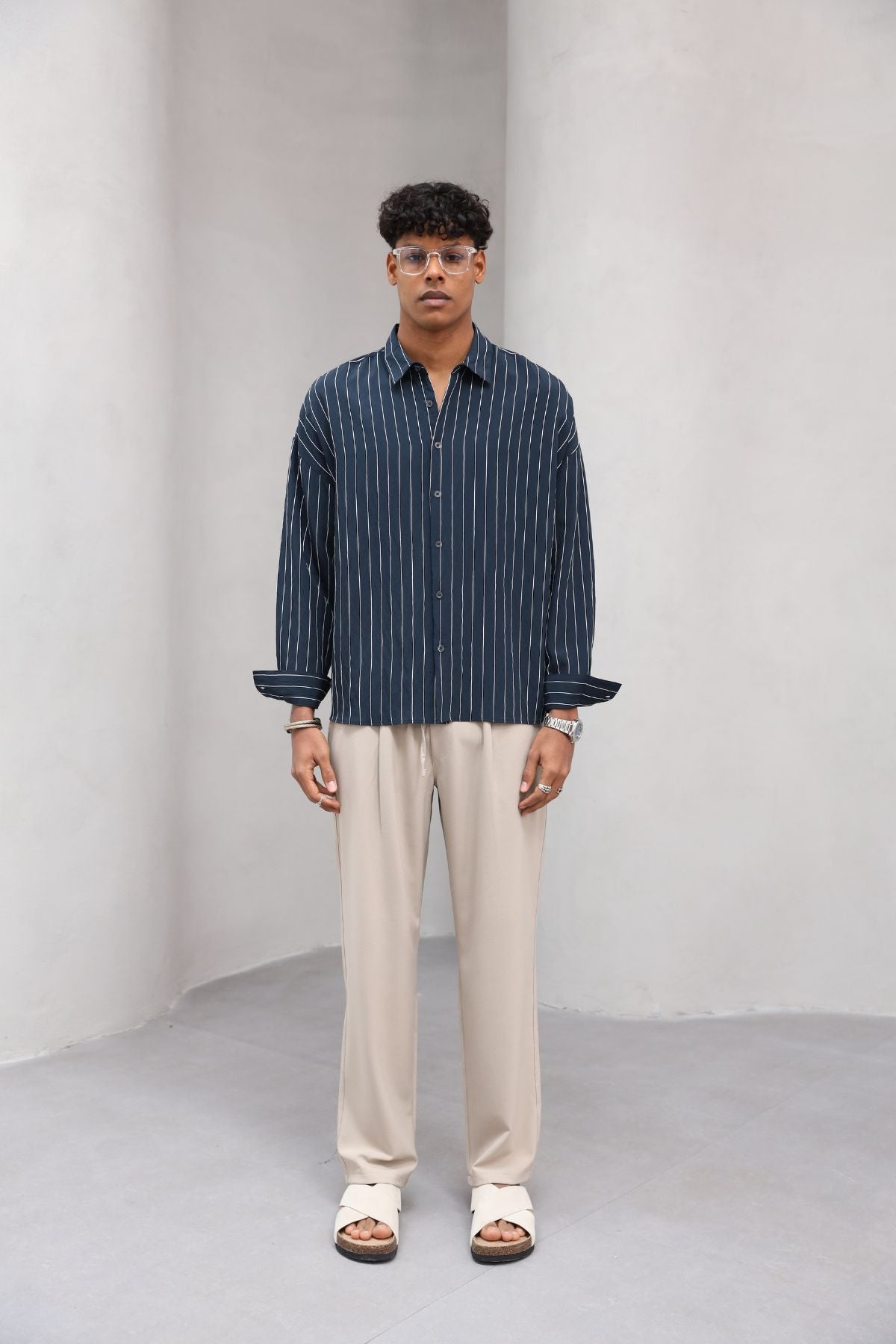 Çizgili Naturel Renk Oversize Erkek Gömlek