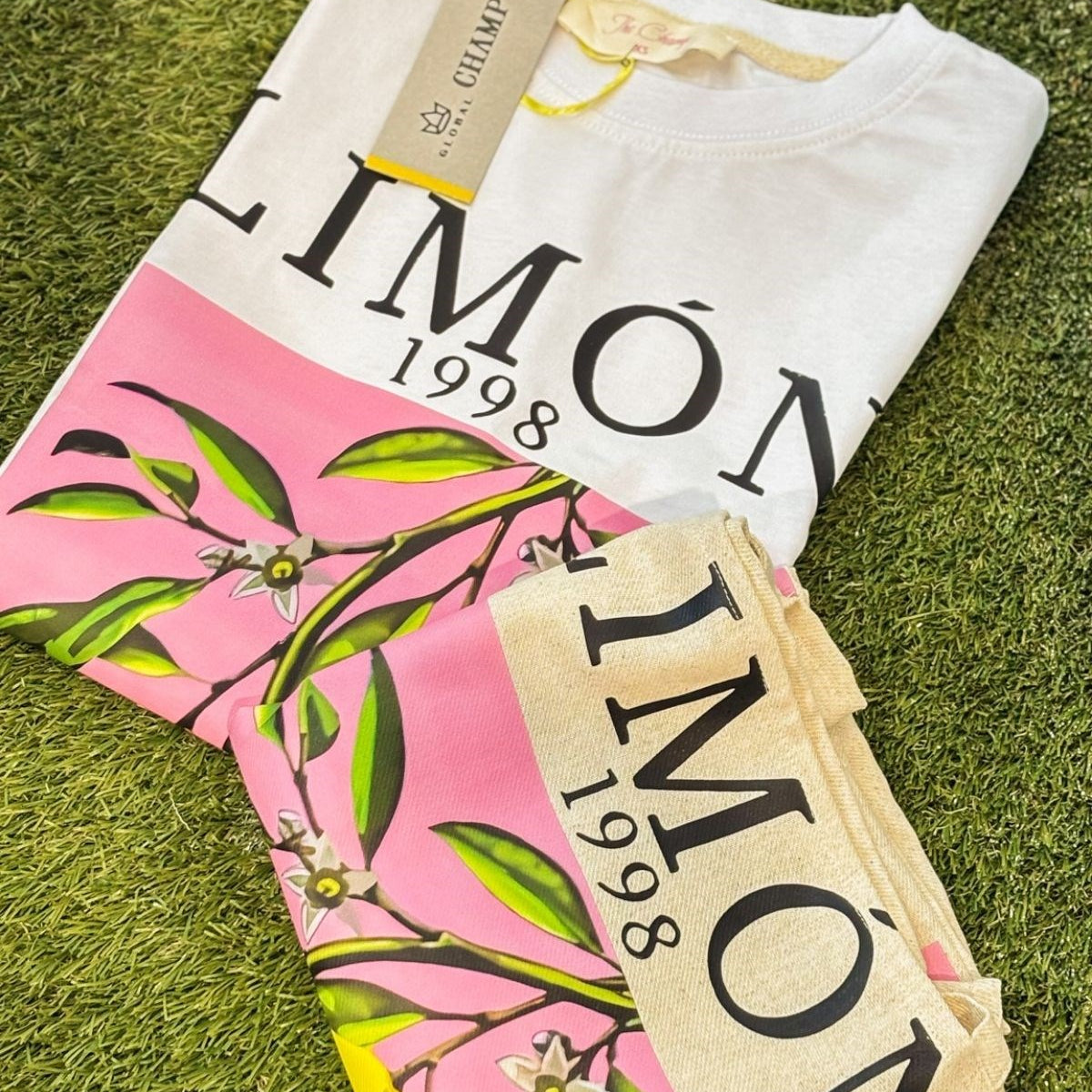 Limon Baskılı Beyaz Oversize Kadın Tişört + Bez Çanta Hediyeli Kombin Set – %100 Pamuk