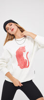Bisiklet Yaka İçi Polar Leopar Baskılı Beyaz Oversize Sweatshirt