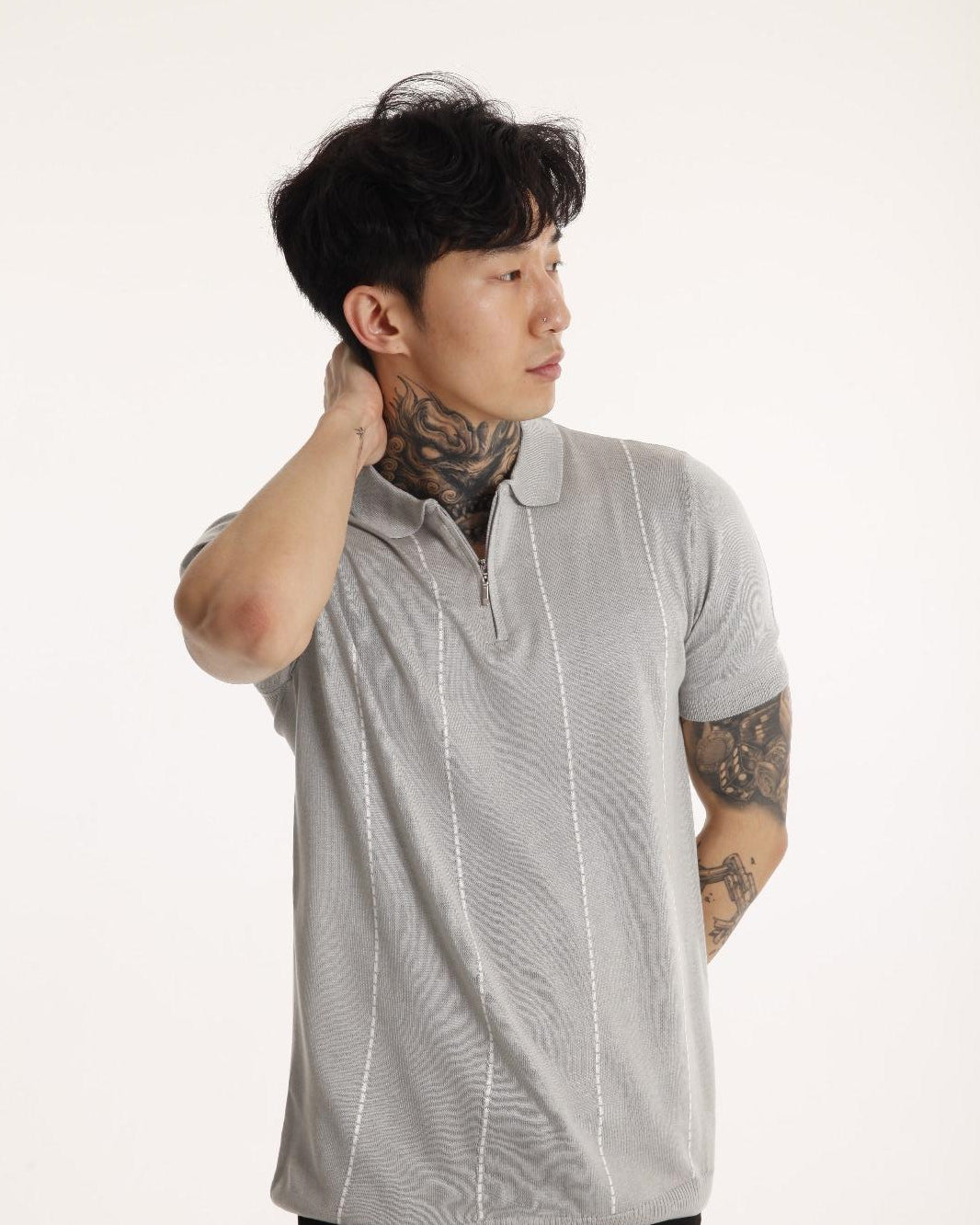 The Champ Polo Yaka Fermuarlı Beyaz Çizgili Triko Örme Gri Erkek T-shirt