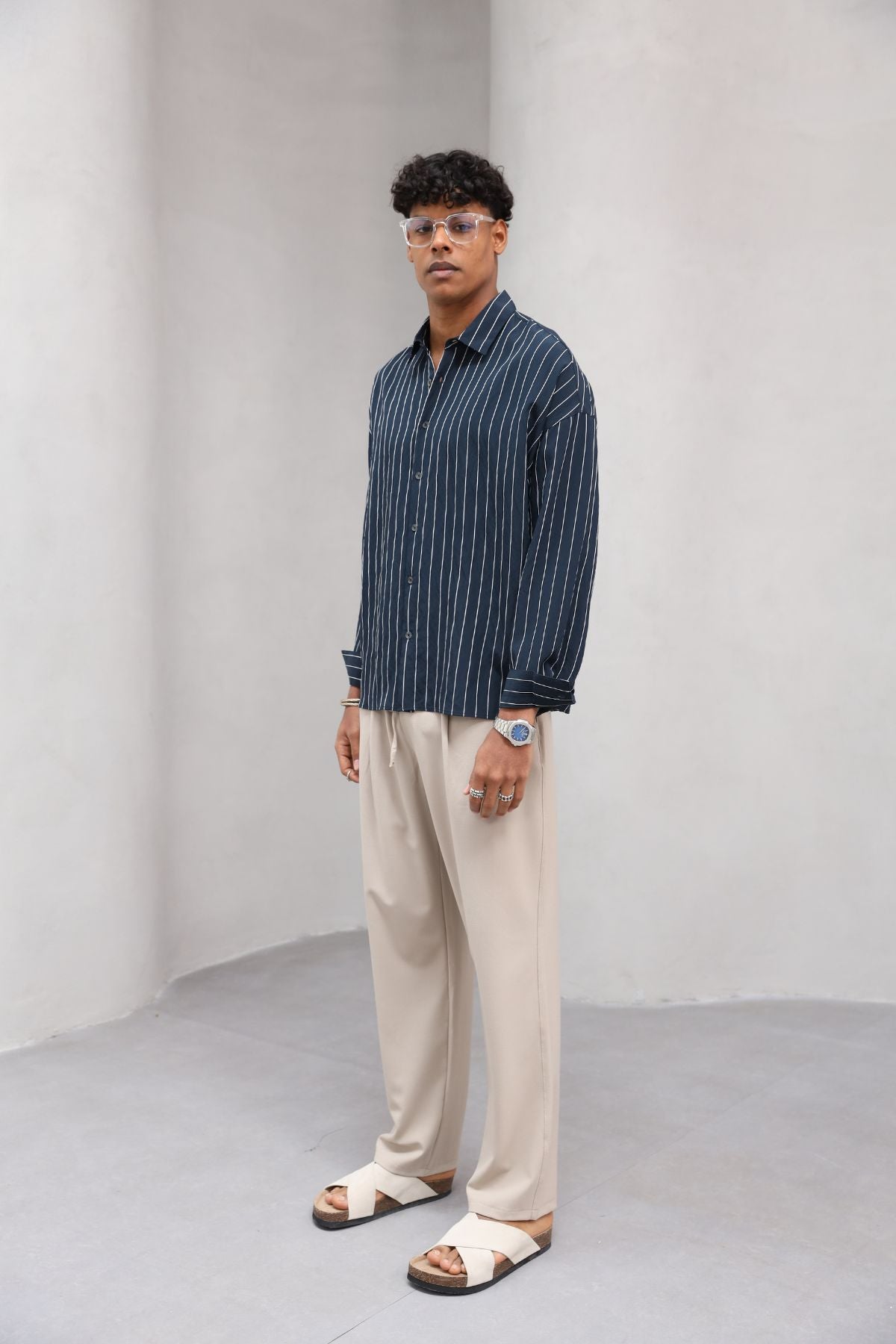 Çizgili Naturel Renk Oversize Erkek Gömlek