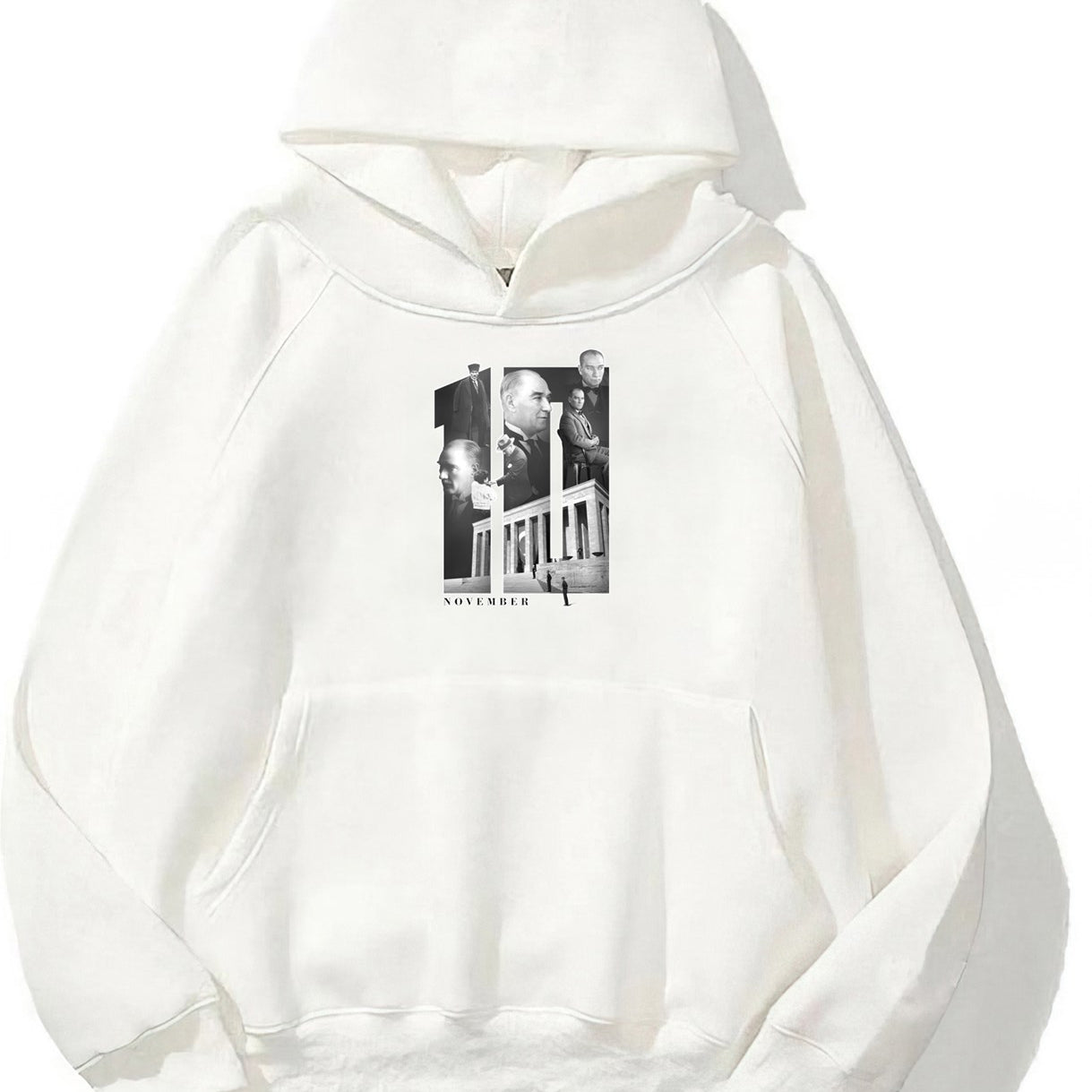 Kapüşonlu İçi Polar Kemal Atatürk 10 Kasım Baskılı Beyaz Unisex Hoodie Sweatshirt