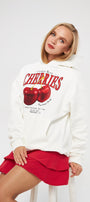 Kapüşonlu İçi Polar Cherries Yazılı Kiraz Baskılı Beyaz Oversize Hoodie Sweatshirt