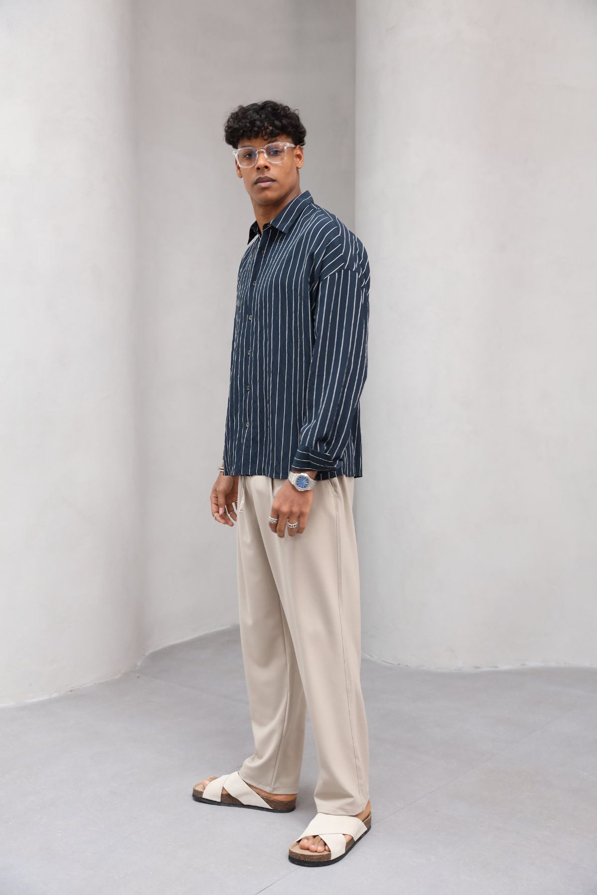 Çizgili Naturel Renk Oversize Erkek Gömlek