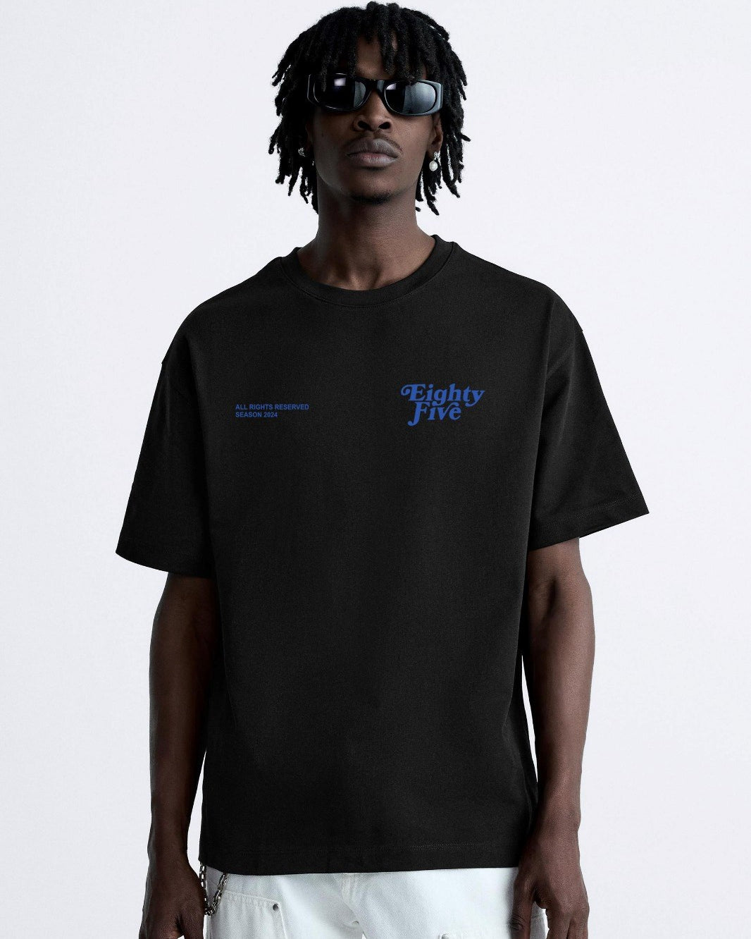 Bisiklet Yaka Eighty Five Yazılı Oversize Siyah Erkek T-shirt