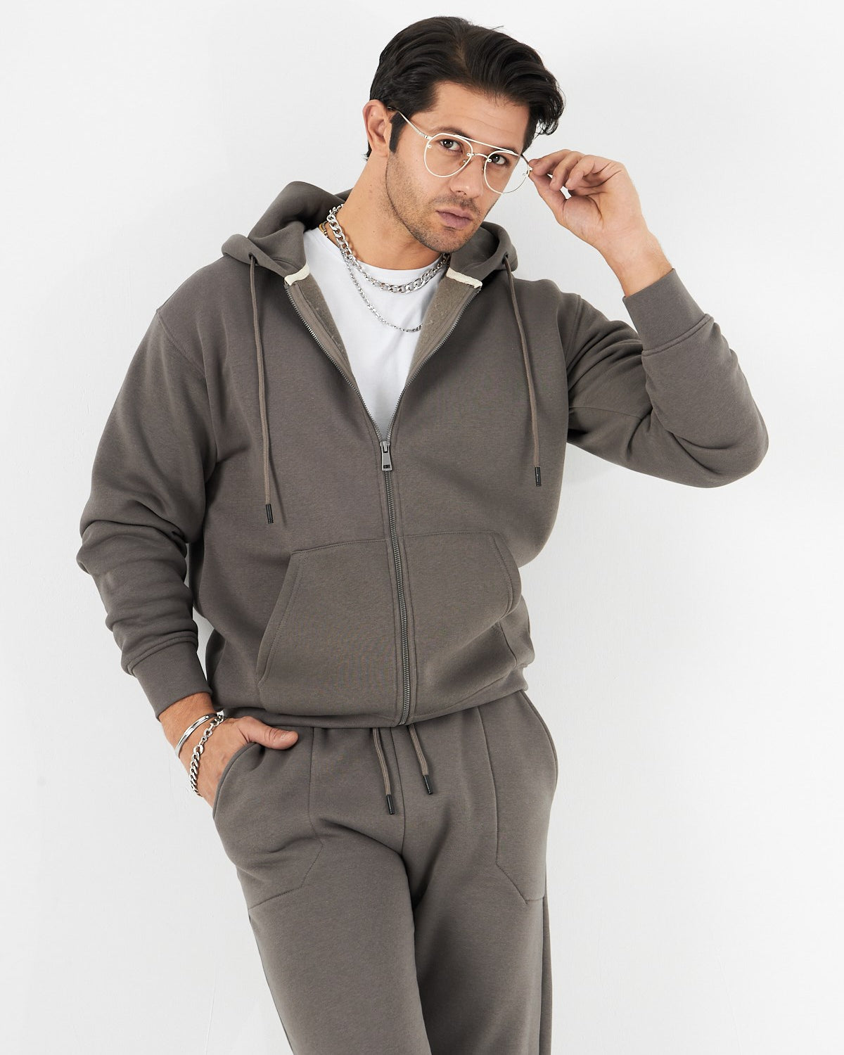 Kanguru Cep Detaylı Kapüşonlu Fermuar Kapamalı Bağcık Bağlamalı 3 iplik Şardonlu Sweatshirt