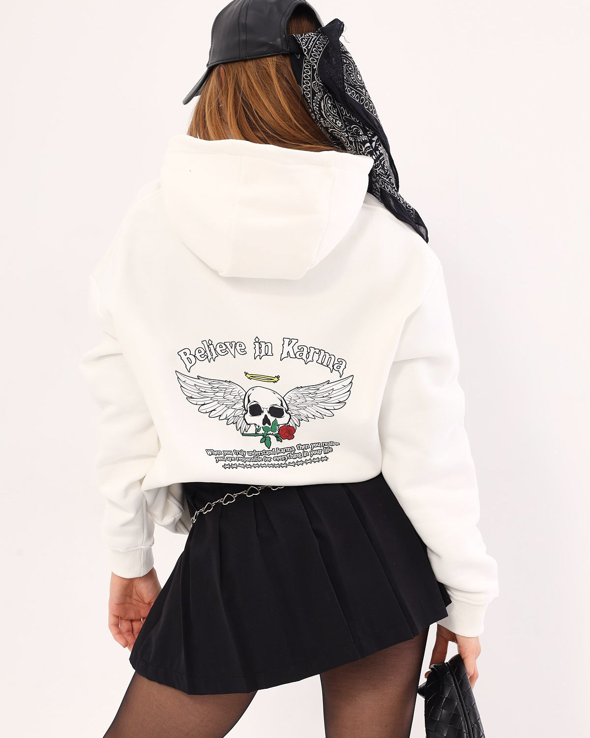 Kapüşonlu İçi Polar Believe İn Karma Baskılı Beyaz Unisex Hoodie Sweatshirt