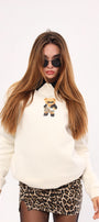 Bisiklet Yaka İçi Polar Teddy Bear Leopar Baskılı Beyaz Unisex Sweatshirt