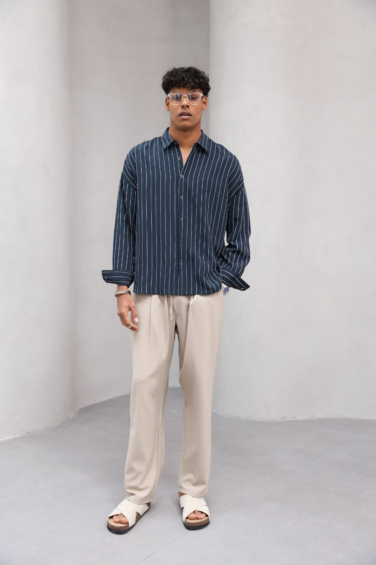 Çizgili Naturel Renk Oversize Erkek Gömlek