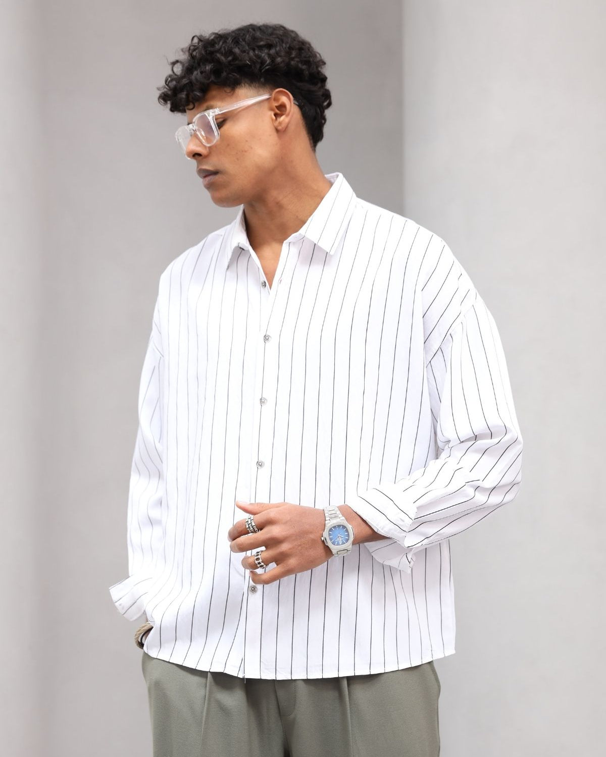 Çizgili Naturel Renk Oversize Erkek Gömlek