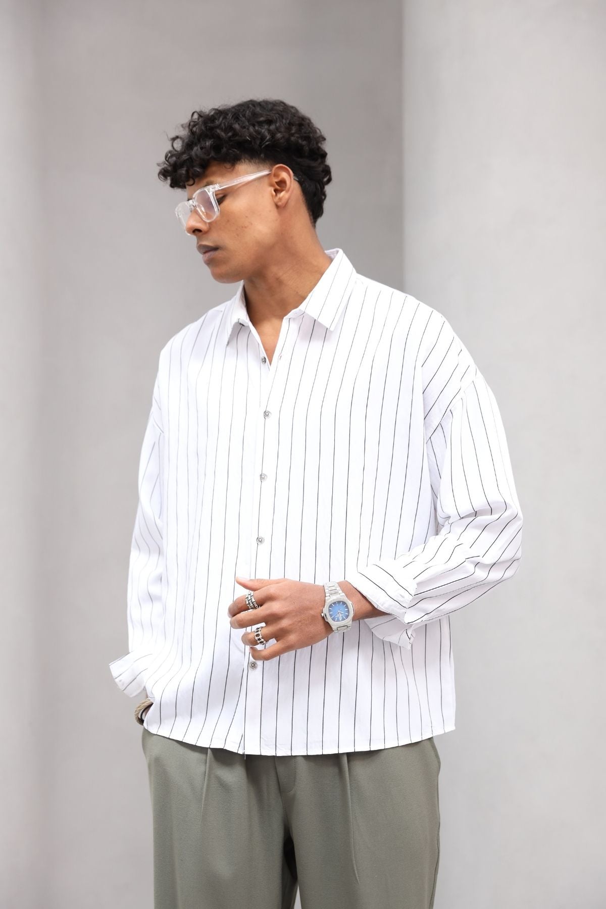 Çizgili Naturel Renk Oversize Erkek Gömlek