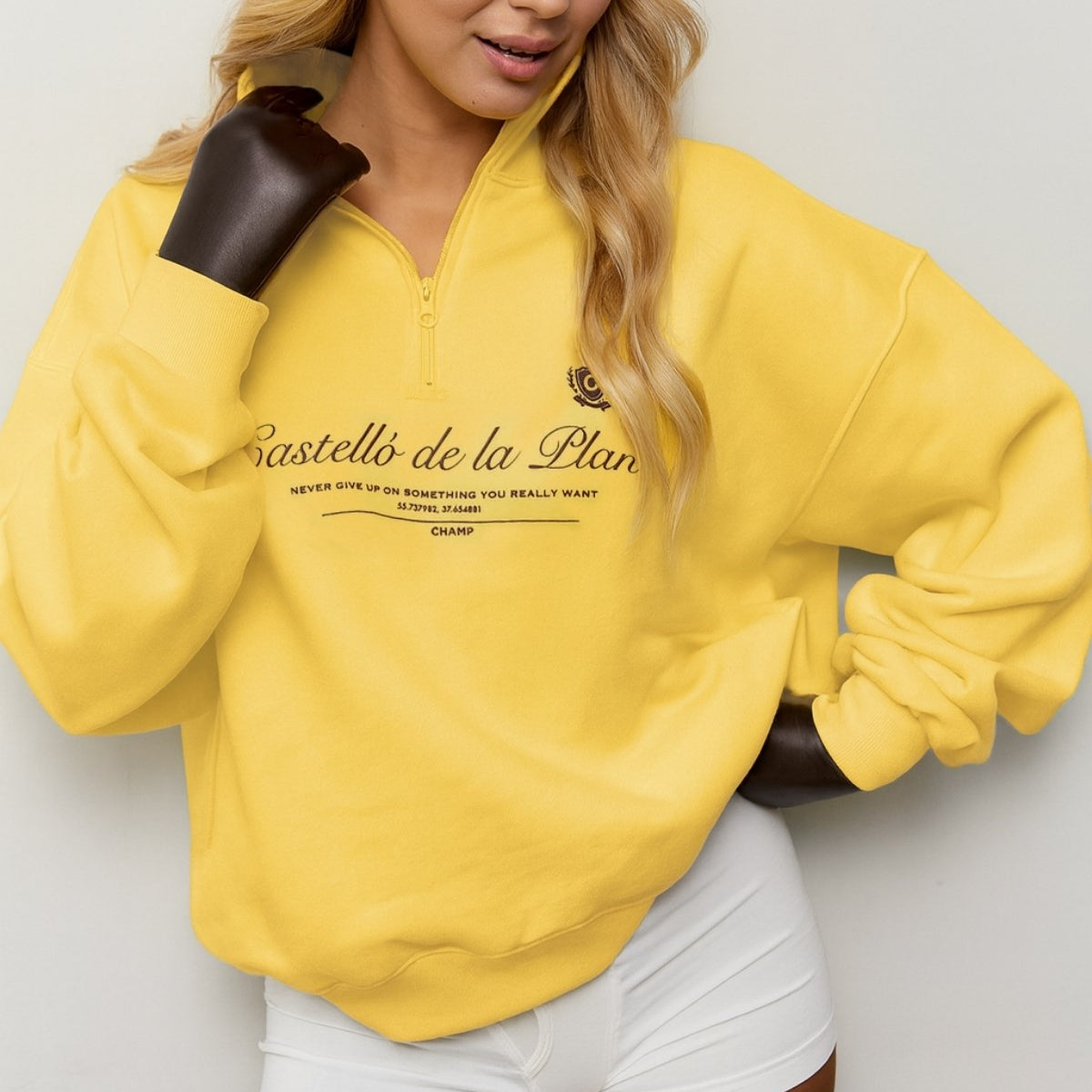 Kadın Oversize Sweatshirt Castelló de la Plana Baskılı Sarı – Yarım Fermuarlı, 3 İplik Polar