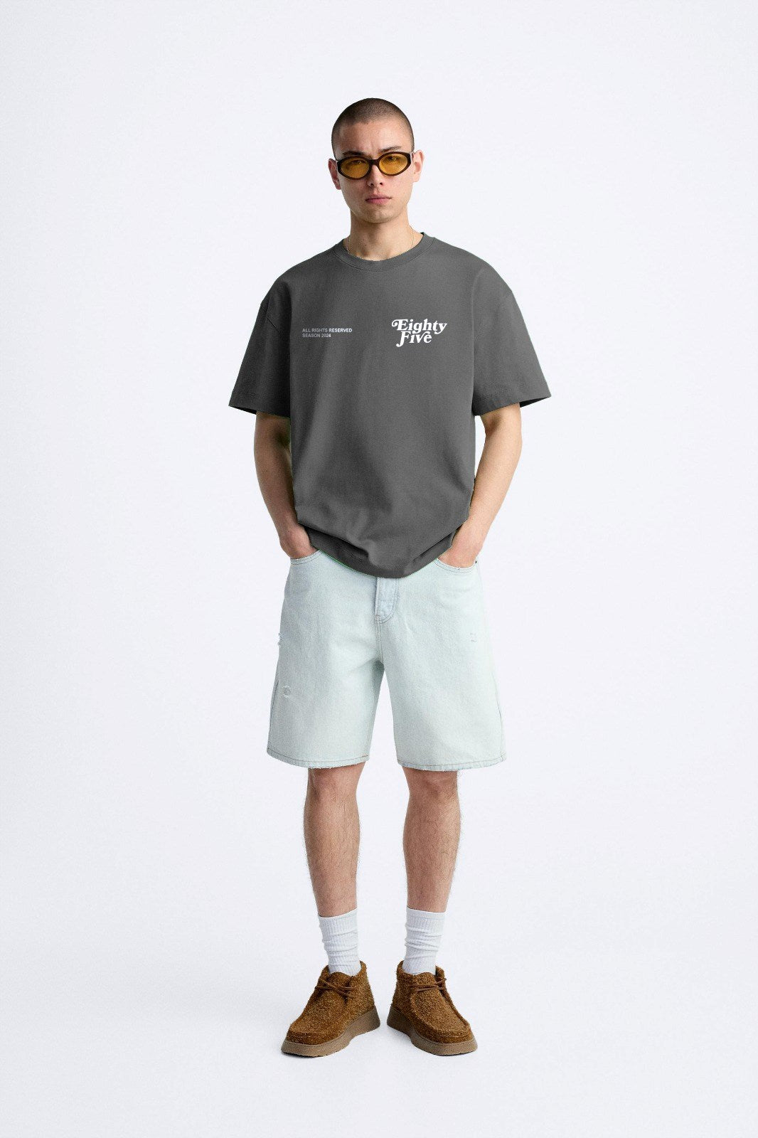 Bisiklet Yaka Eighty Five Yazılı Oversize Füme Erkek T-shirt