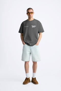 Bisiklet Yaka Eighty Five Yazılı Oversize Füme Erkek T-shirt