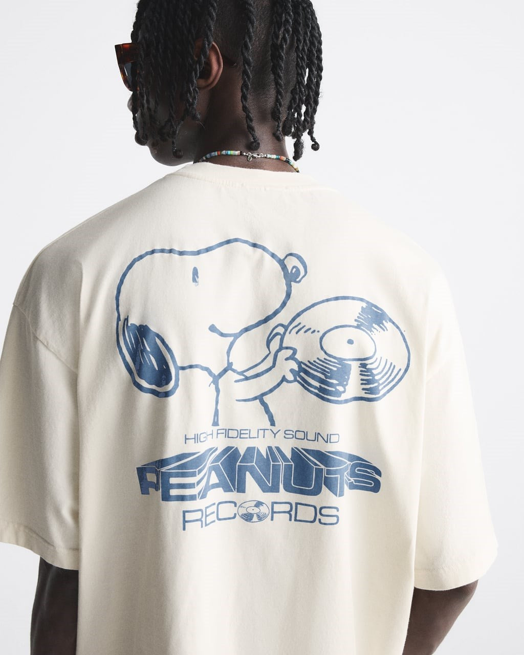 Bisiklet Yaka Peanuts Records Baskılı Oversize Beyaz Erkek T-shirt