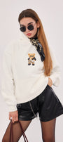 Kapüşonlu İçi Polar Teddy Bear Leopar Baskılı Beyaz Unisex Hoodie Sweatshirt