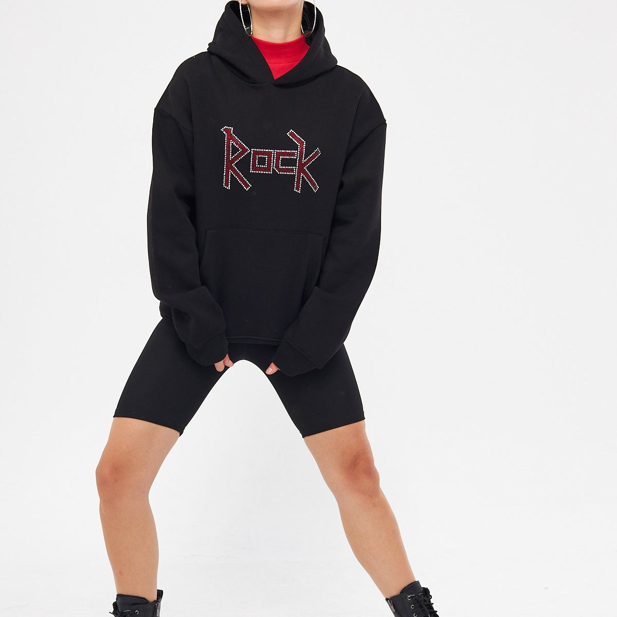 Kapüşonlu İçi Polar Rock Yazılı Taş Baskılı Siyah Oversize Hoodie Sweatshirt