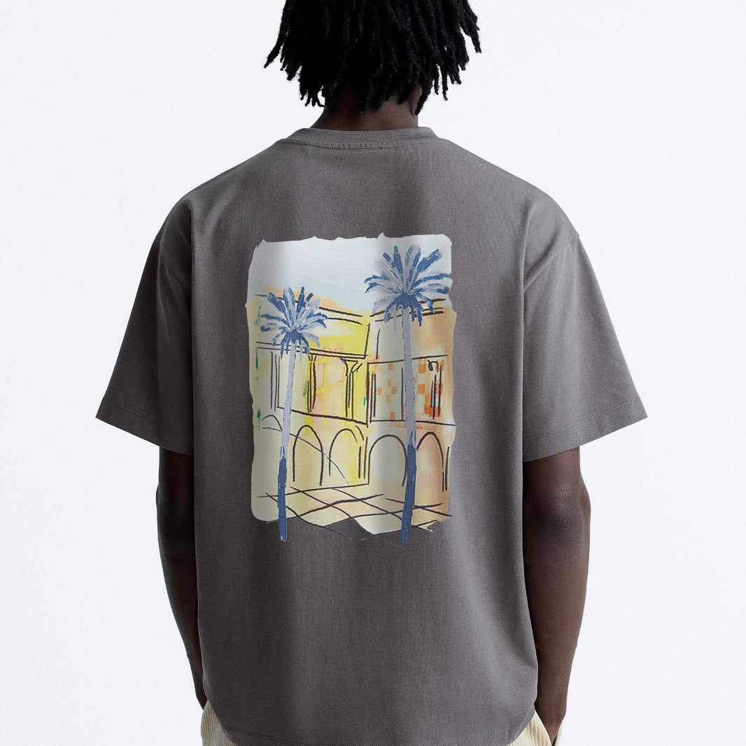 Bisiklet Yaka Palmiye Baskılı Oversize Füme Erkek T-shirt