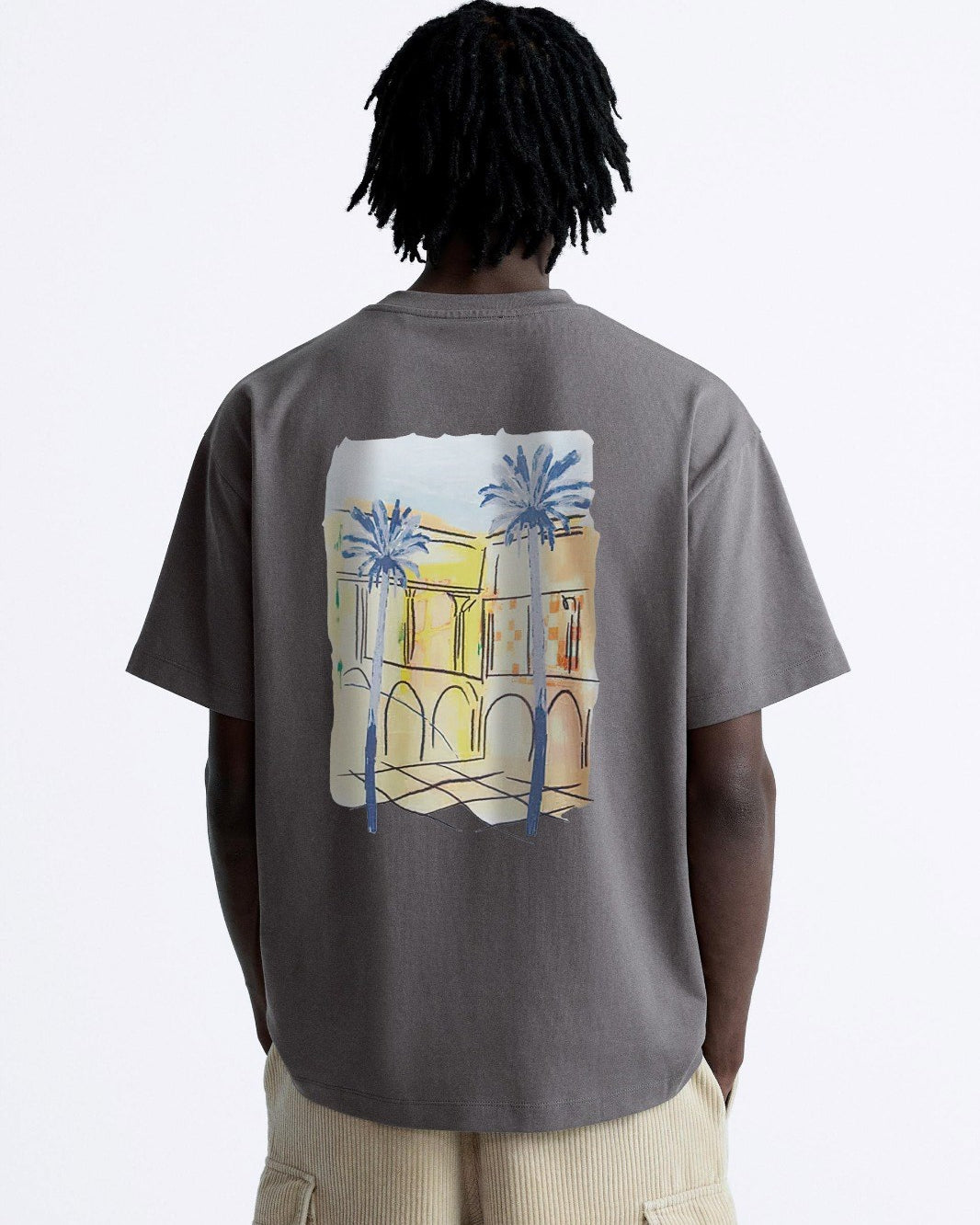 Bisiklet Yaka Palmiye Baskılı Oversize Füme Erkek T-shirt