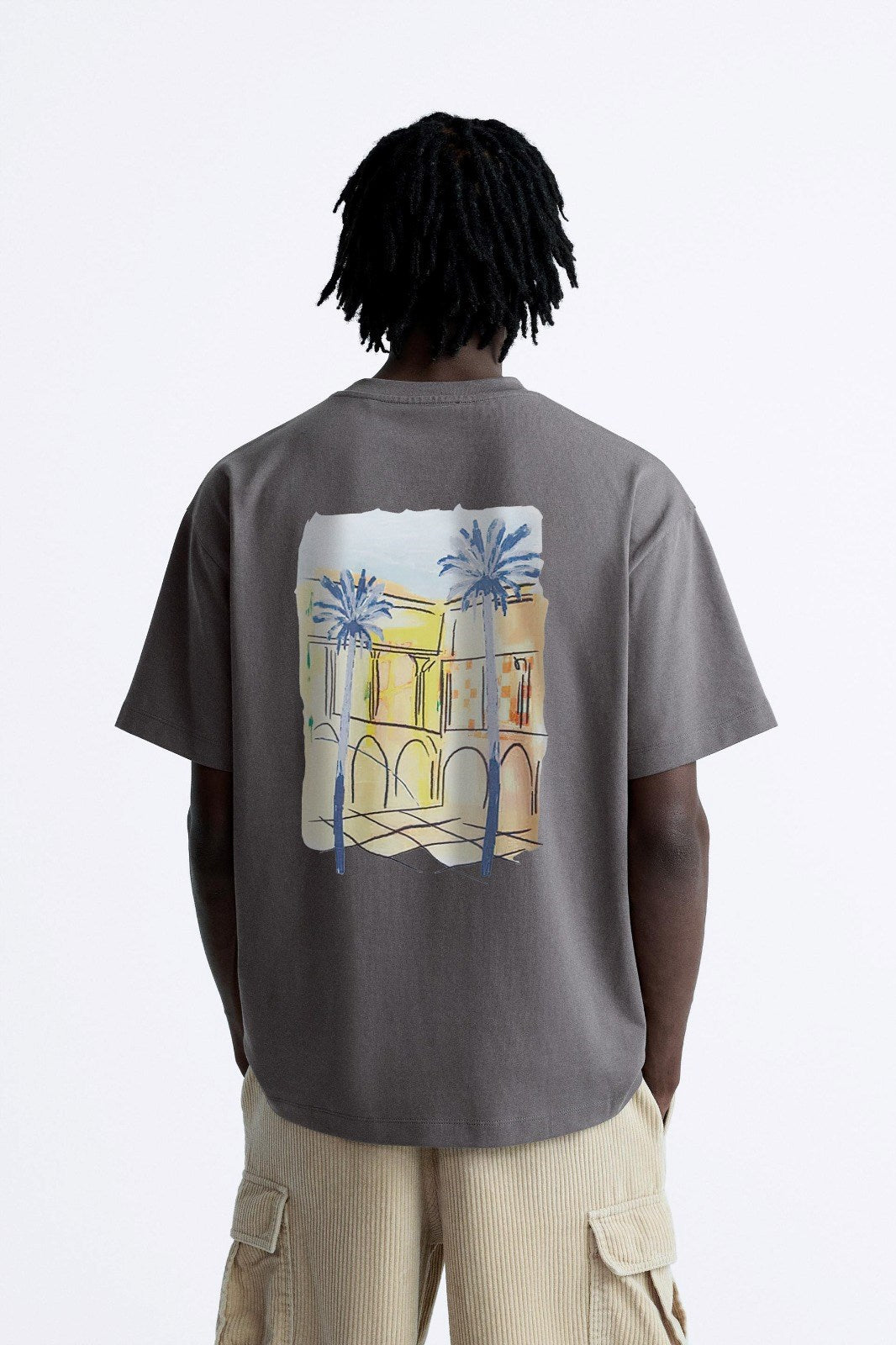 Bisiklet Yaka Palmiye Baskılı Oversize Füme Erkek T-shirt