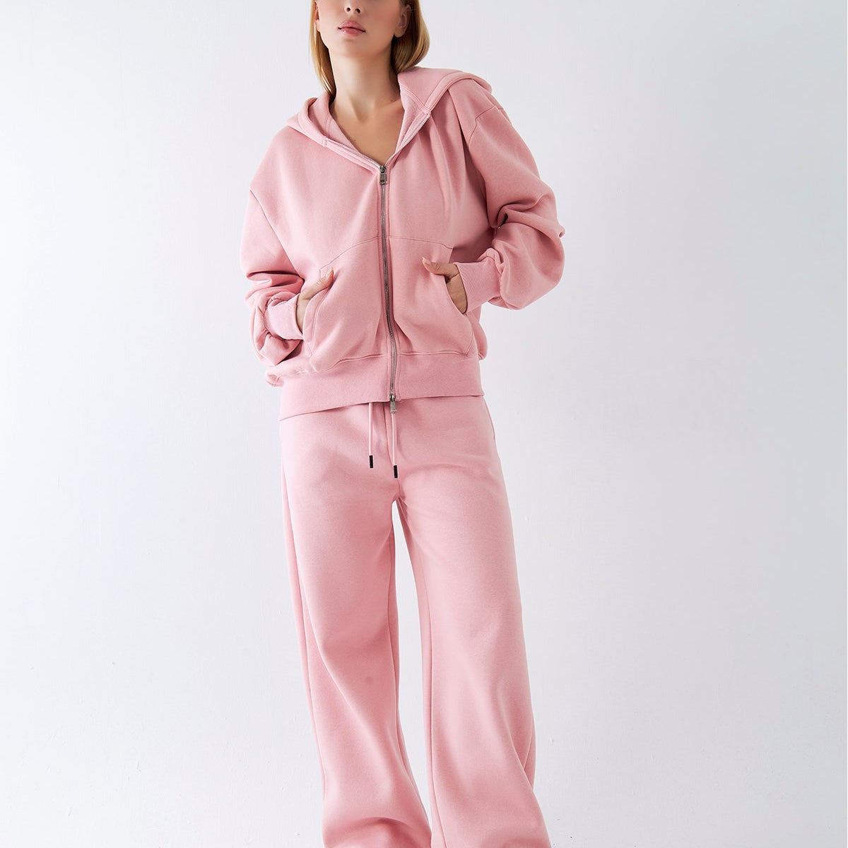 Kadın Oversize Eşofman Takımı Zip Pembe – Fermuarlı, Kapüşonlu, Bol Paça,  3 İplik Şardonlu Polar