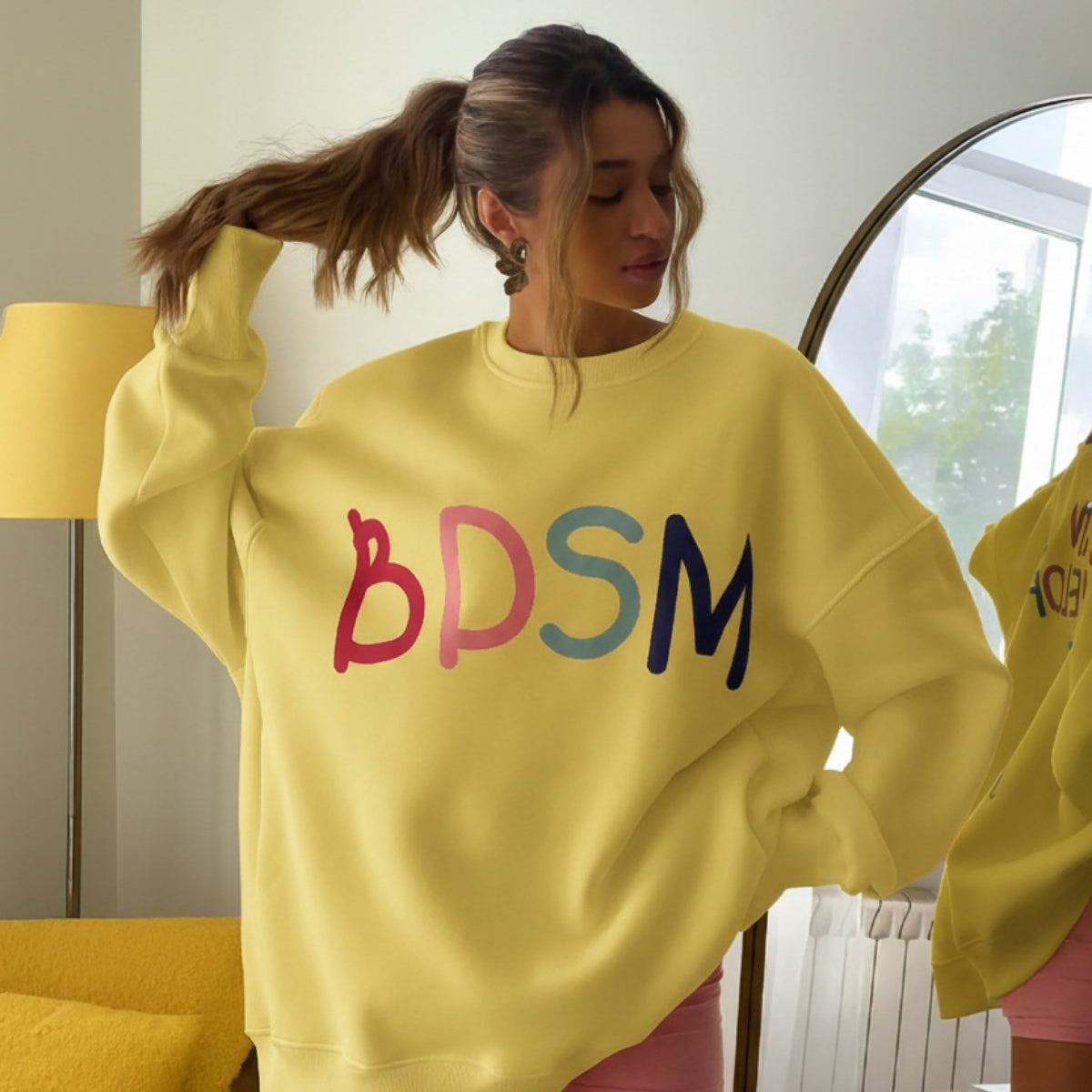 Kadın Oversize Sweatshirt Elbise Color Pop Baskılı Sarı – Bisiklet Yaka, 3 İplik Şardonlu Polar