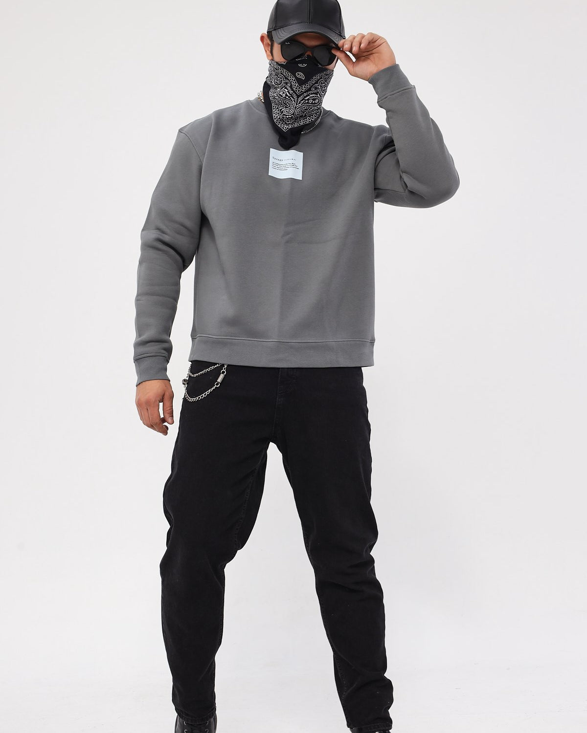 Bisiklet Yaka İçi Polar Syzygy Yazı Baskılı Füme Oversize Sweatshirt