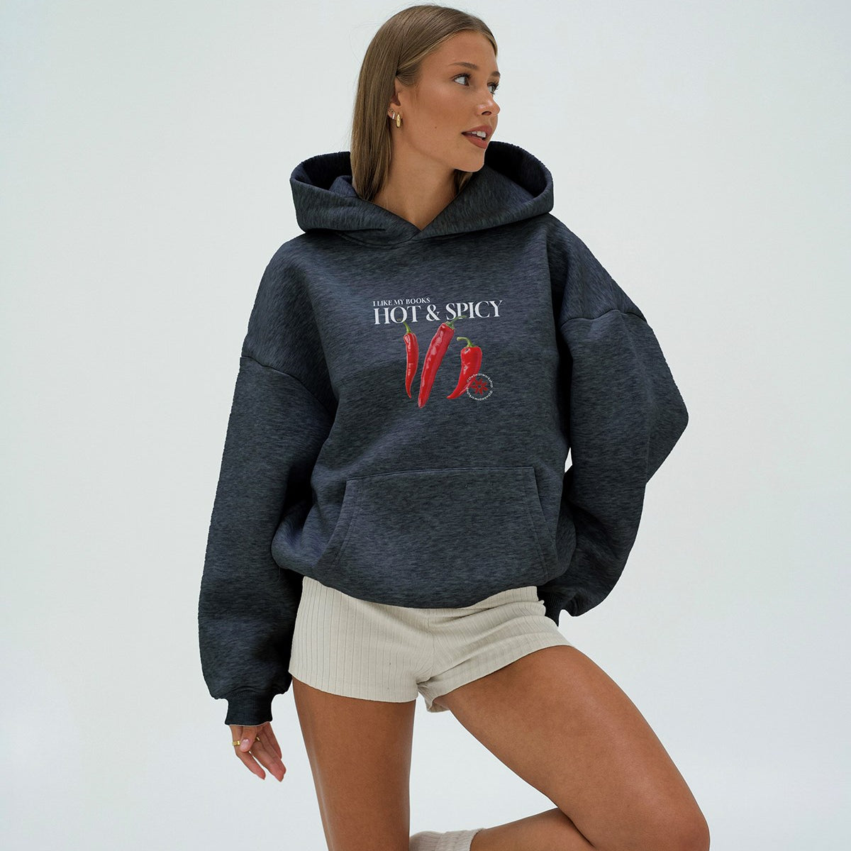 Kadın Oversize Sweatshirt Hoodie Hot & Spicy Baskılı Füme Melanj – Kapüşonlu, 3 İplik Şardonlu Polar
