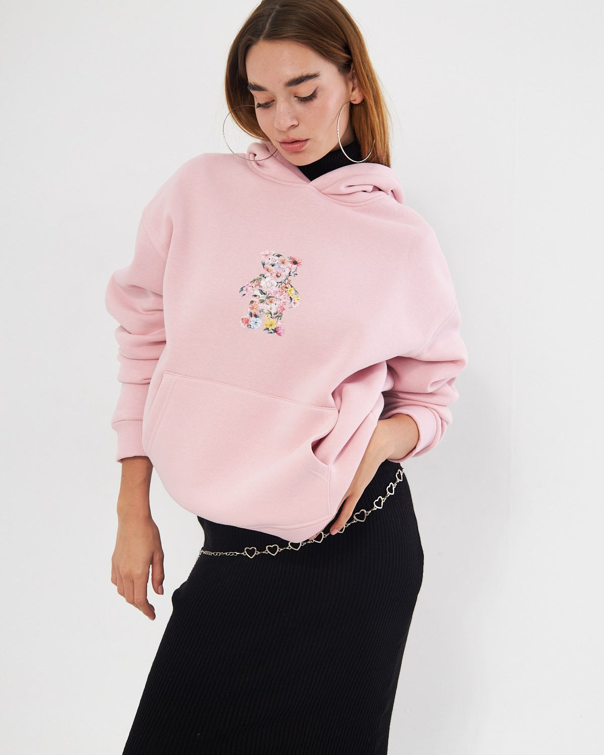 Kapüşonlu İçi Polar Çiçekli Teddy Bear Baskılı Pembe Unisex Hoodie Sweatshirt