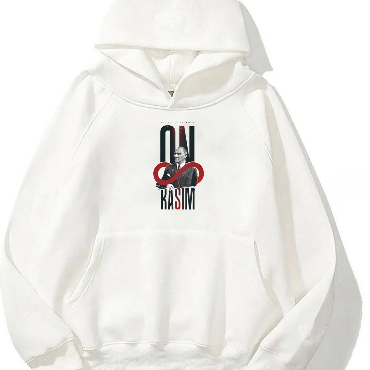 Kapüşonlu İçi Polar Kemal Atatürk 10 Kasım Baskılı Beyaz Unisex Hoodie Sweatshirt