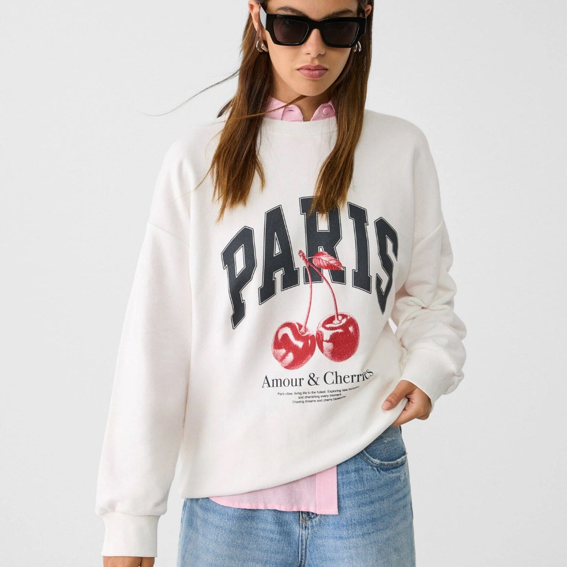 Bisiklet Yaka İçi Polar Paris Yazılı Kiraz Baskılı Beyaz Oversize Sweatshirt