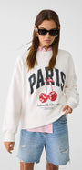 Bisiklet Yaka İçi Polar Paris Yazılı Kiraz Baskılı Beyaz Oversize Sweatshirt