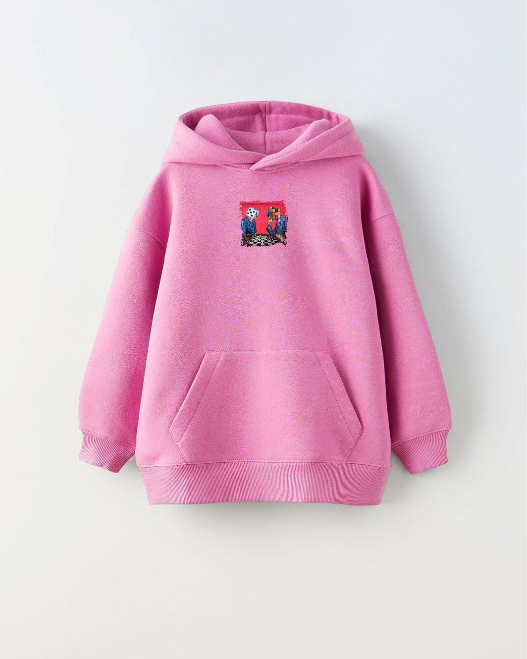 Kapüşonlu İçi Polar Satranç Baskı Pembe Unisex Çocuk Hoodie Sweatshirt