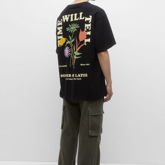 Sooner Or Later Yazılı Lale Tasarım Baskılı Oversize Siyah Erkek T-shirt