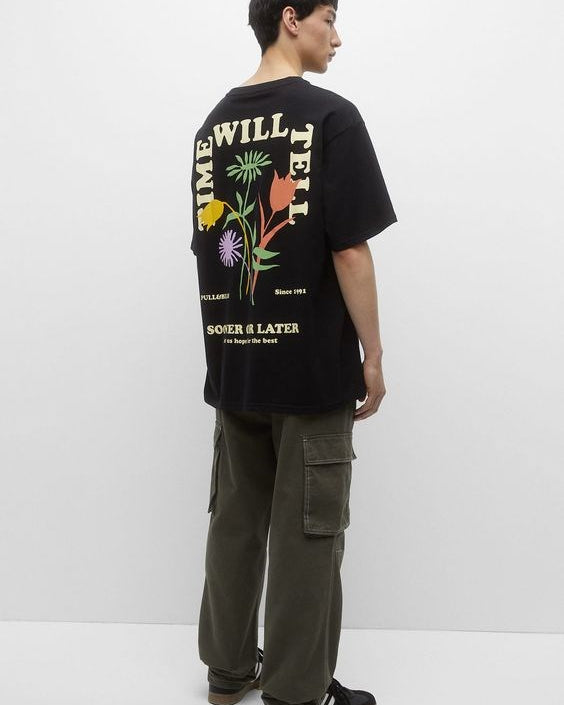 Sooner Or Later Yazılı Lale Tasarım Baskılı Oversize Siyah Erkek T-shirt