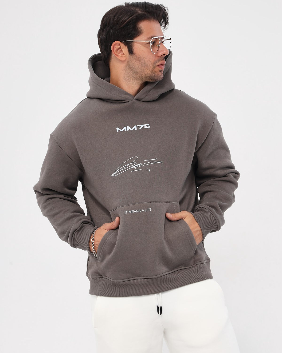 Kapüşonlu İçi Polar MM75 Baskılı Füme Oversize Hoodie Sweatshirt