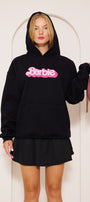 Kapüşonlu İçi Polar Barbie Baskılı Siyah Unisex Hoodie Sweatshirt