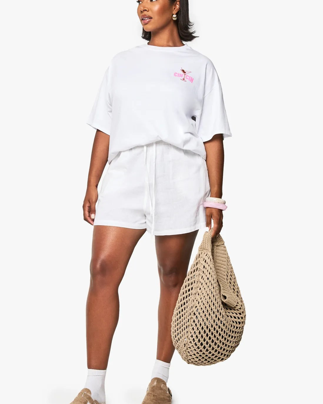 Büyük Beden Kadın Tişört %100 Pamuk Beyaz Oversize Yazlık CIN CIN Kokteyl Bardak Baskılı