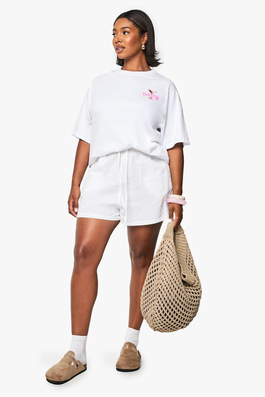 Büyük Beden Kadın Tişört %100 Pamuk Beyaz Oversize Yazlık CIN CIN Kokteyl Bardak Baskılı