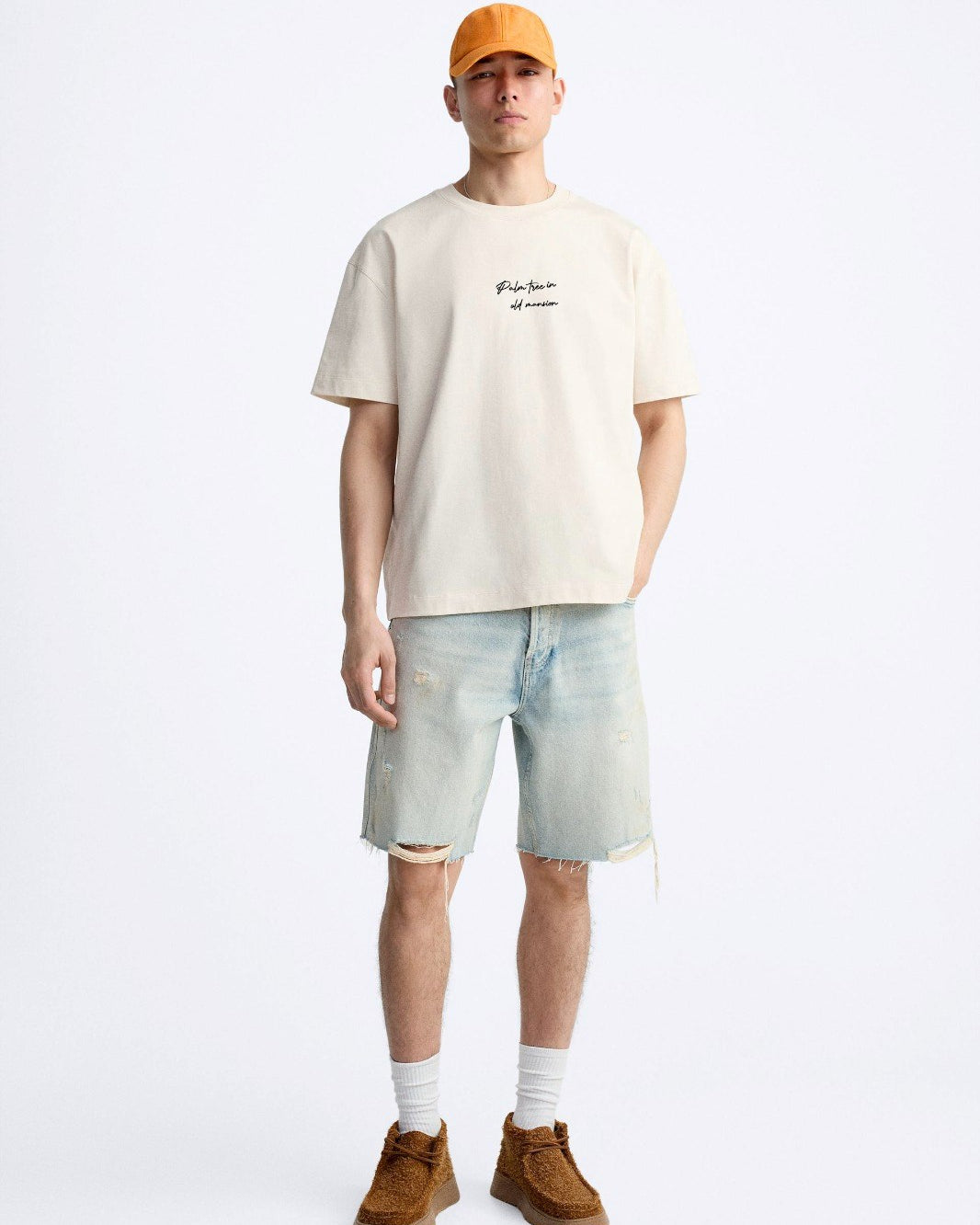 Bisiklet Yaka Palmiye Baskılı Oversize Bej Erkek T-shirt