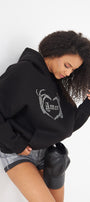 Amor Yazılı Taş Baskılı Kapüşonlu İçi Polar Oversize Siyah Sweatshirt