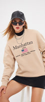 Bisiklet Yaka İçi Polar Manhattan 1984 Yazı Baskılı Bej Oversize Sweatshirt