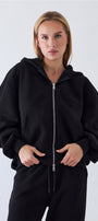 Kadın Oversize Zip Hoodie Siyah – Fermuarlı, Kapüşonlu, Kangru Cep,  3 İplik Şardonlu Polar
