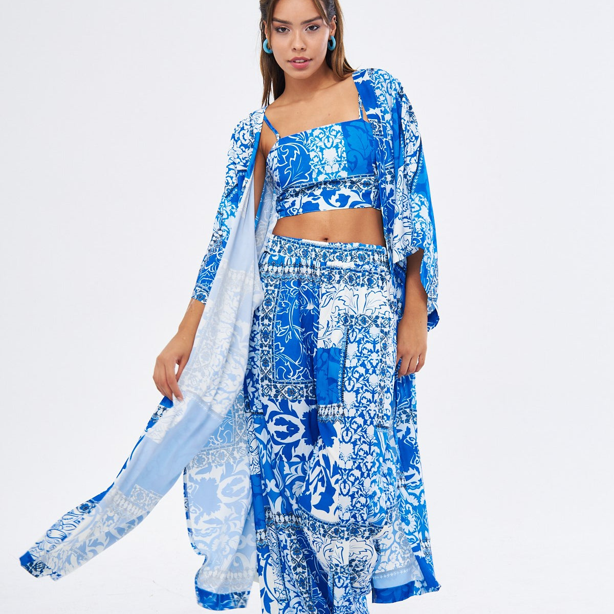 Kimono 3 Parça Büstiyerli Mavi Desenli Alt-Üst Takım (Medine İpeği)